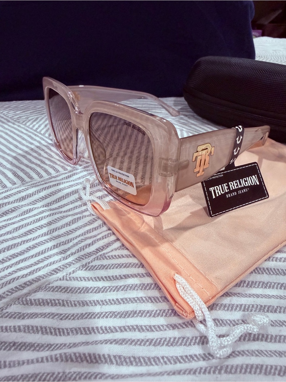 True Religion sunglasses Blush Pink plastic frames Gold Metal Logo Wide Side $84